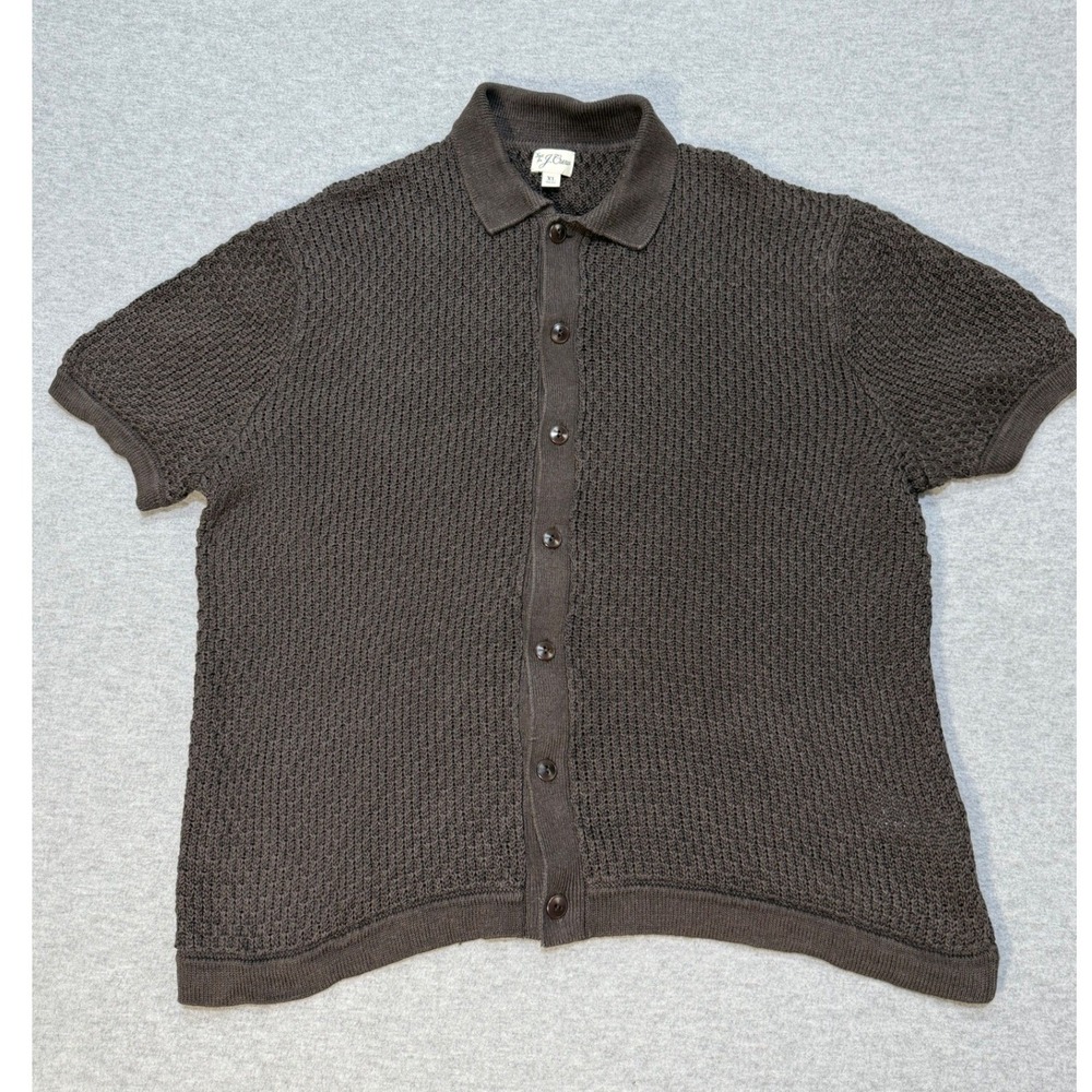 J.Crew Mens XL Brown 100% Linen Waffle Knit Short Sleeve Button Polo Shirt CJ389